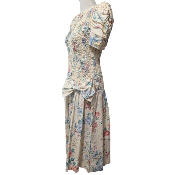 Vintage Phoebe Petites Womens Sz M? Floral Smocked Bow Puff Sleeve Cottage Dress - Picture 3 of 10